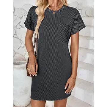Striped Short Sleeve Pocket Dress