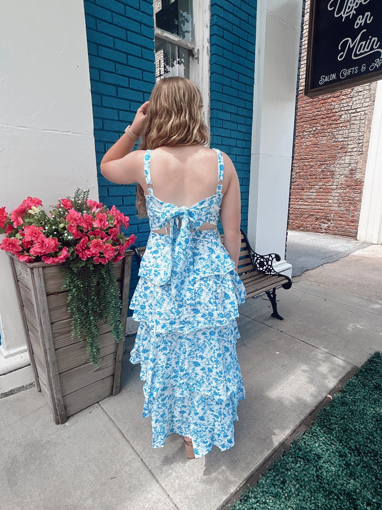 Blue Floral Ruffle Dress