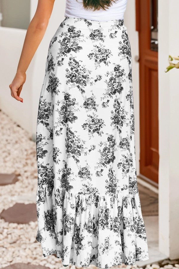 Floral HW Ruffle Split Maxi Skirt