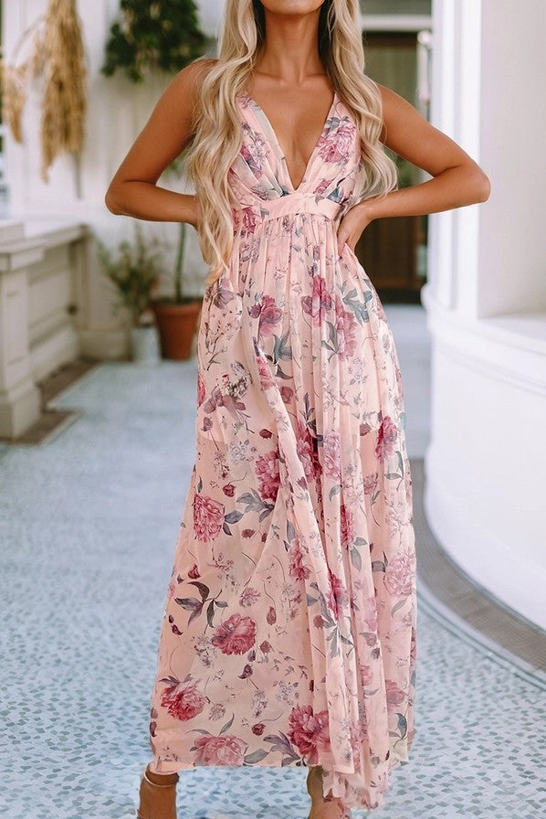 Floral Empire Waist Backless Dress