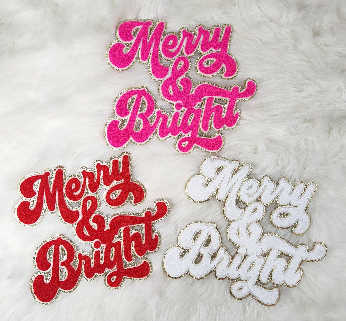 Merry and Bright Chenille Sparkle Glitter Iron On Patch: Hot pink