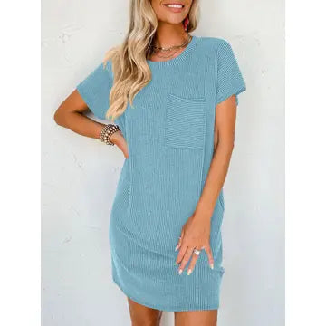 Striped Short Sleeve Pocket Dress