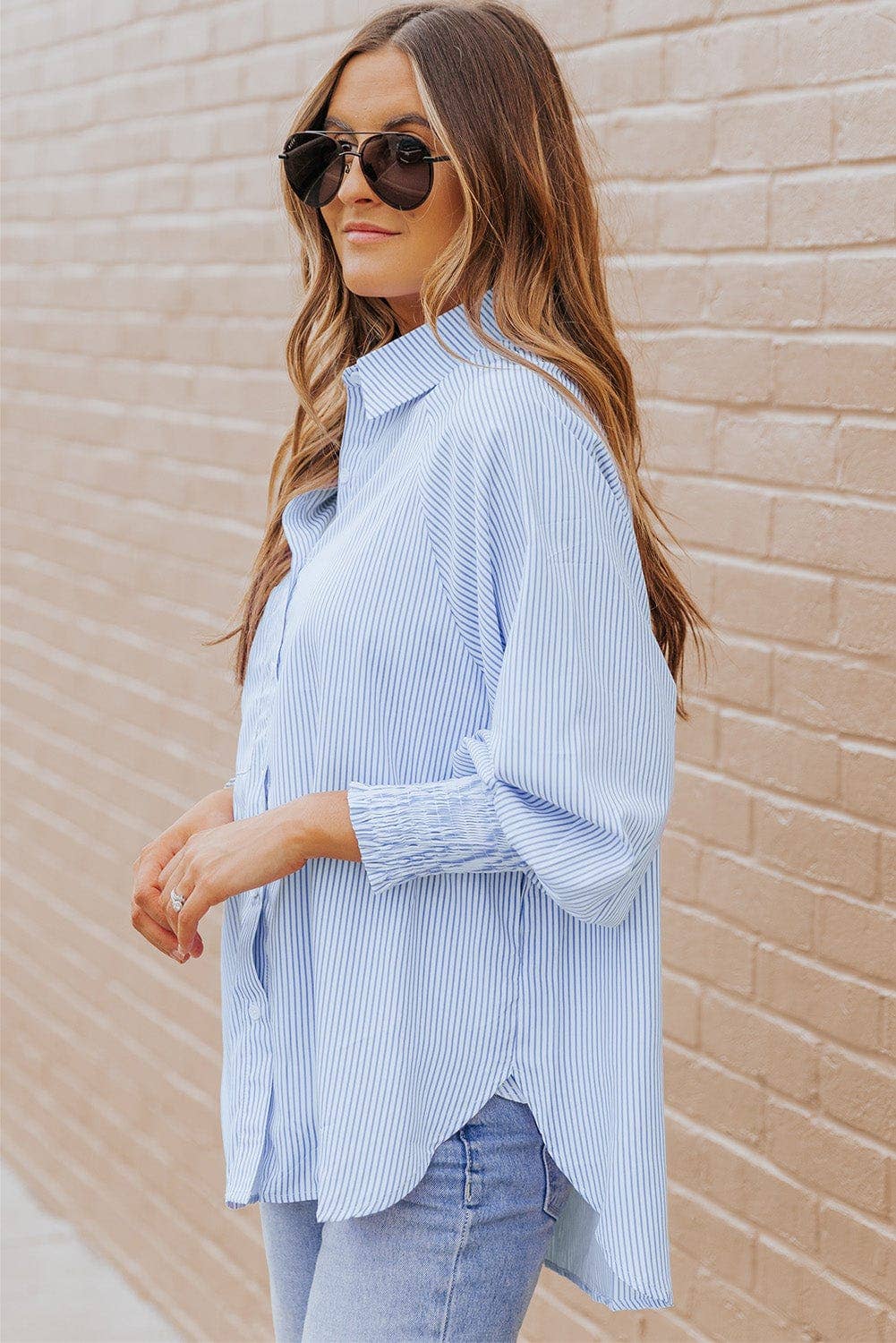Pink Striped Cinched Sleeve Top