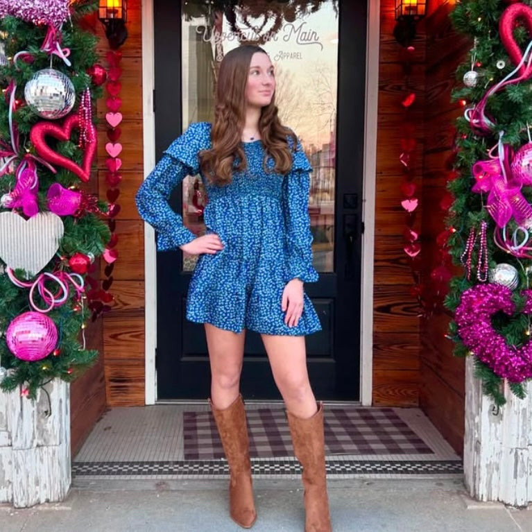 Blue Floral Off Shoulder Dress
