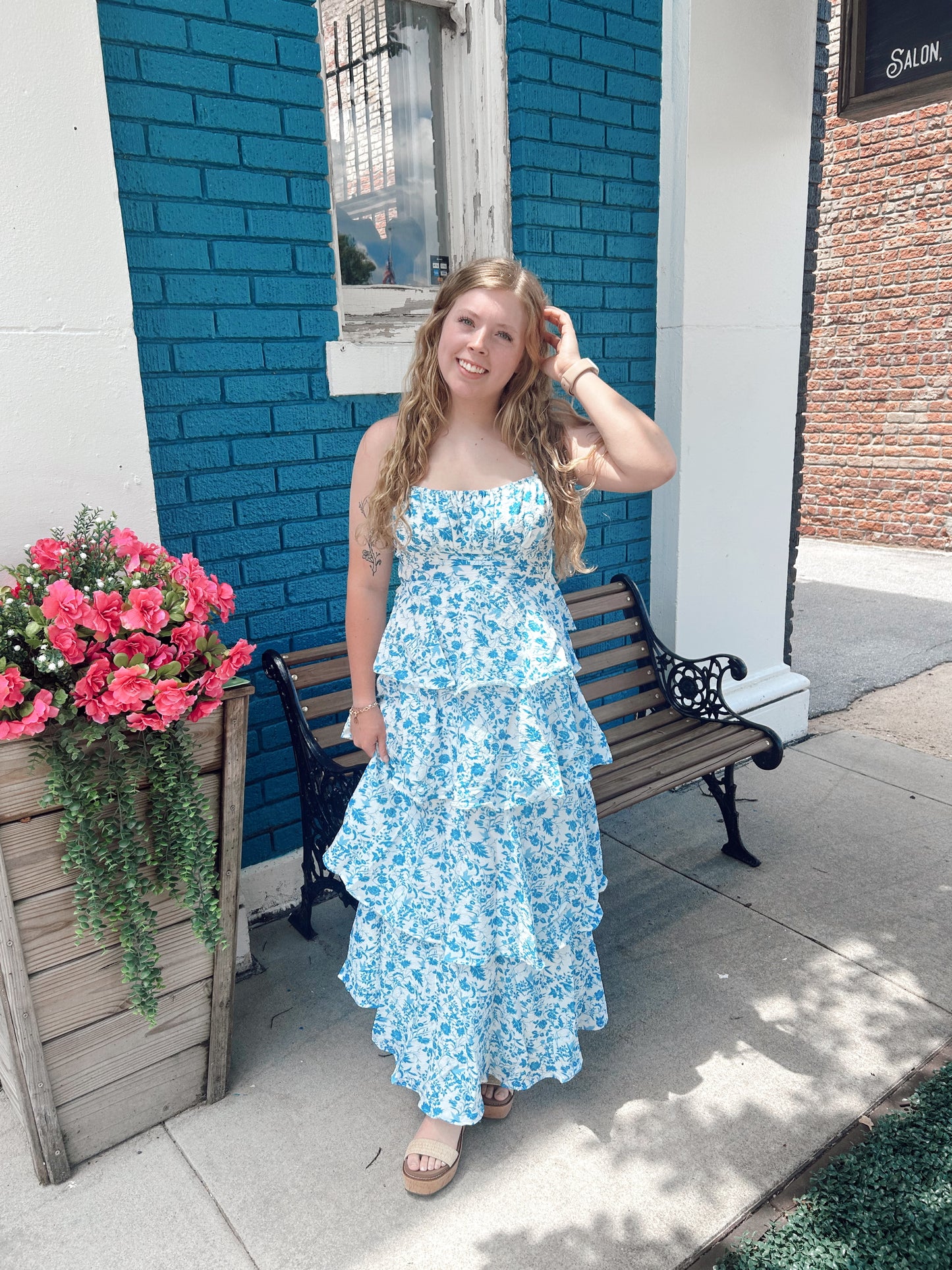 Blue Floral Ruffle Dress