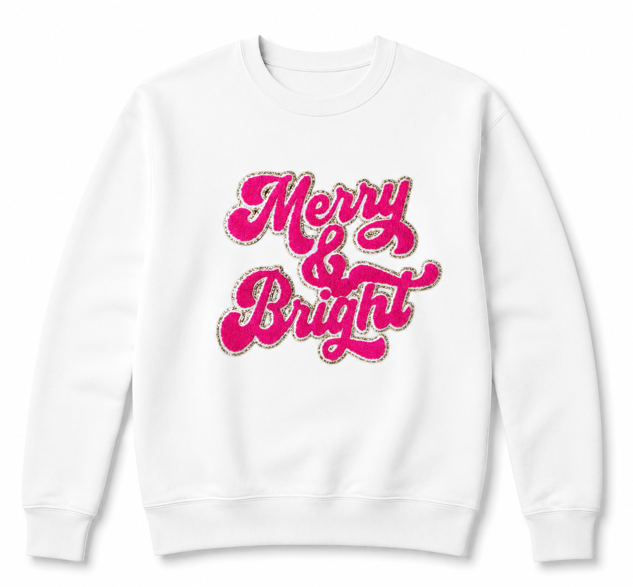 Merry and Bright Chenille Sparkle Glitter Iron On Patch: Hot pink