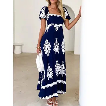 BLUE Square Neck Printed Dress