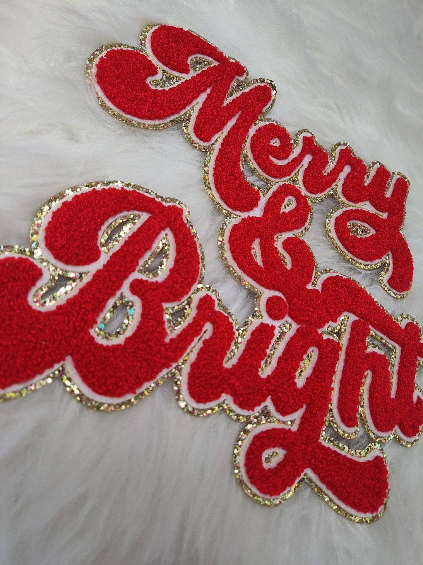 Merry and Bright Chenille Sparkle Glitter Iron On Patch: Hot pink