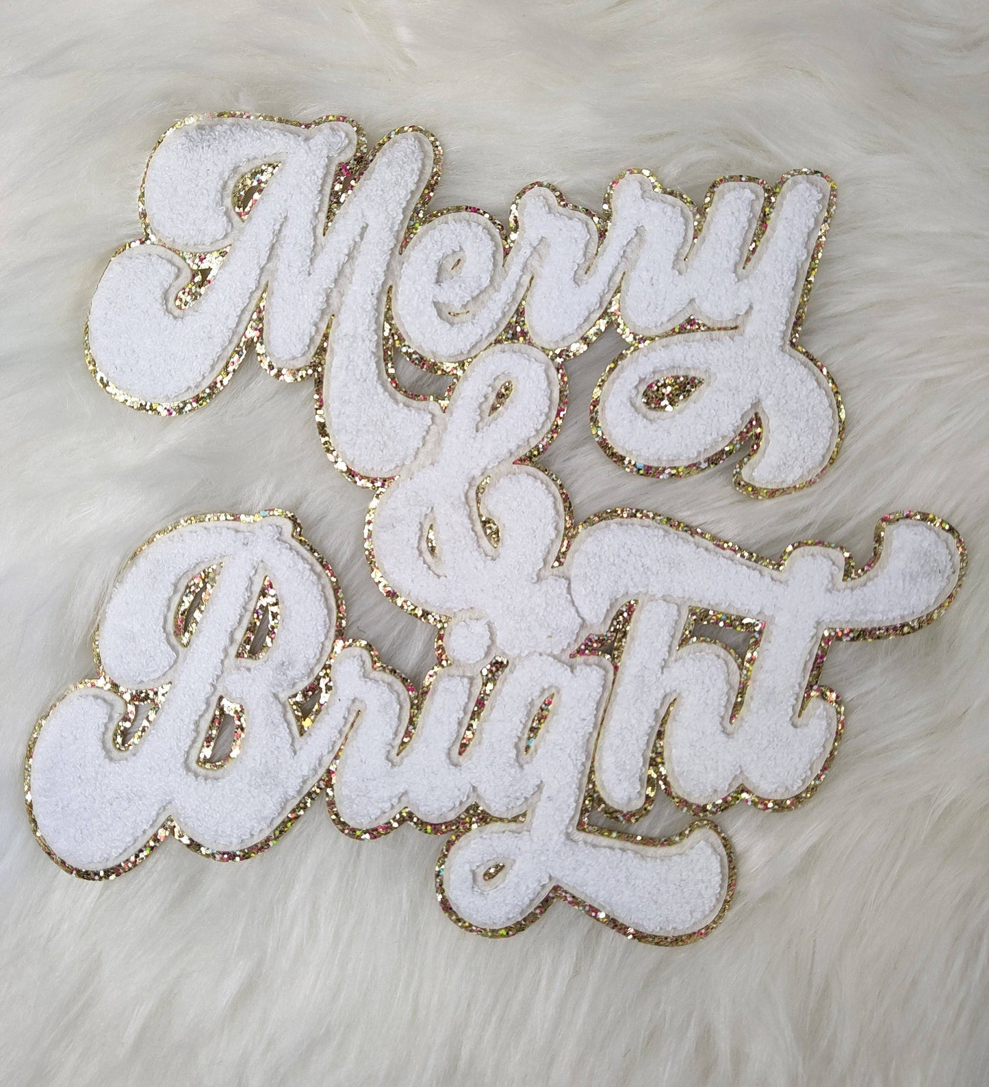 Merry and Bright Chenille Sparkle Glitter Iron On Patch: Hot pink