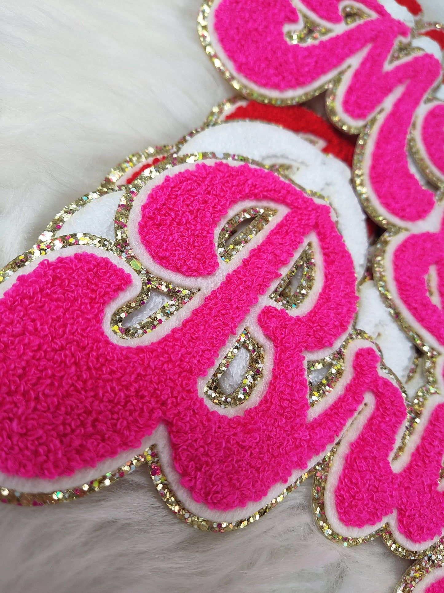 Merry and Bright Chenille Sparkle Glitter Iron On Patch: Hot pink