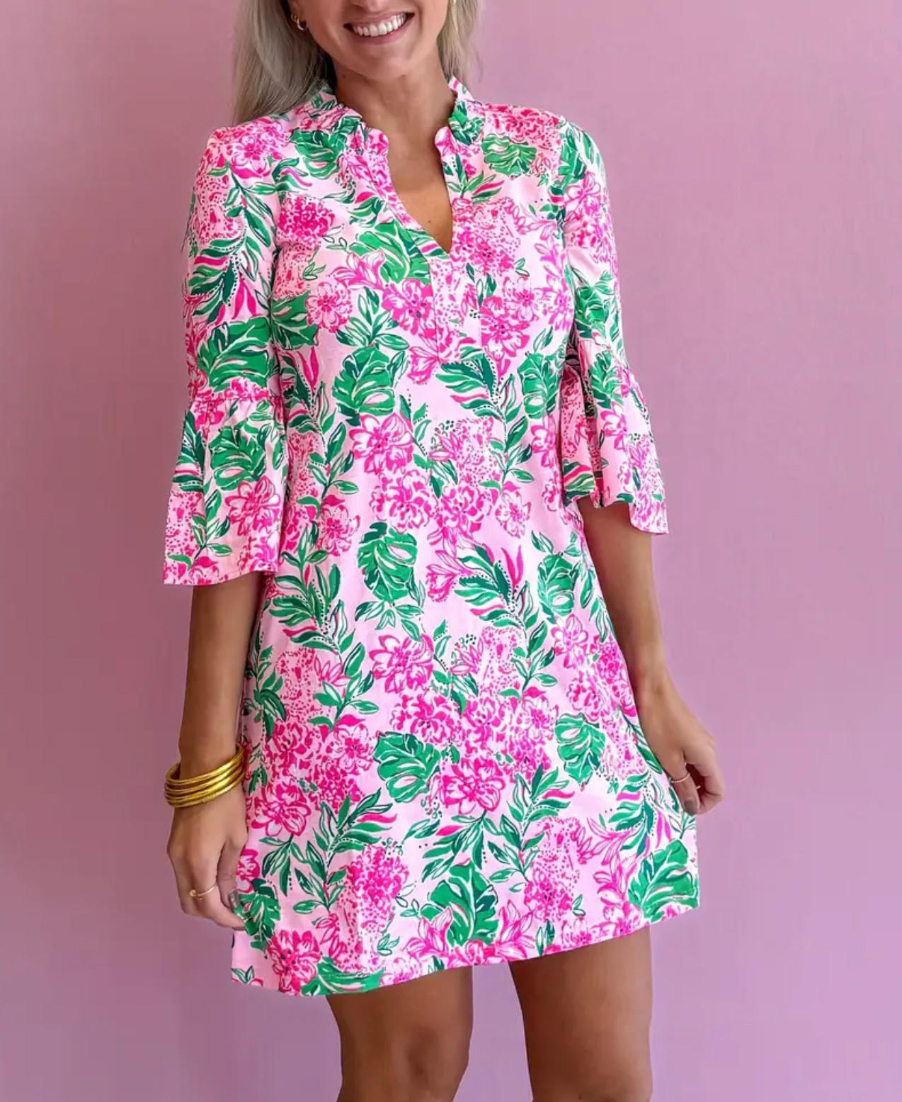 Pink Floral Ruffled Sleeve Dress
