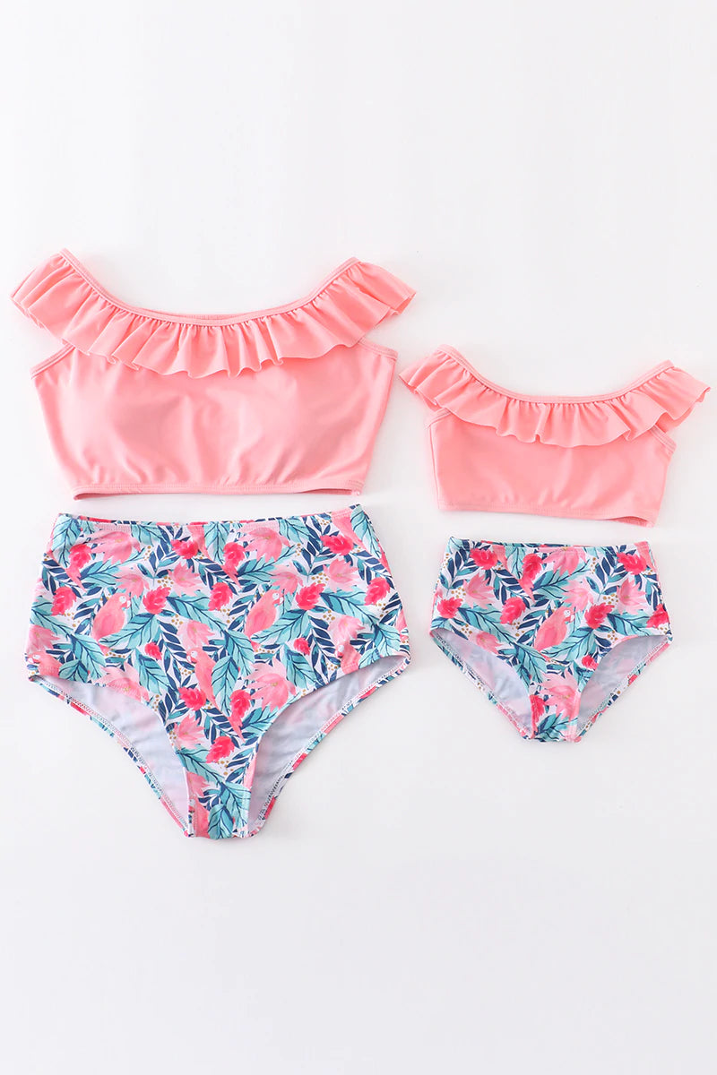 Kids Pink Floral High Waist Swim Suit