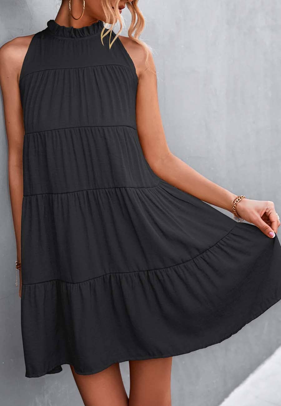 Tie Back Ruffle Neck Dress