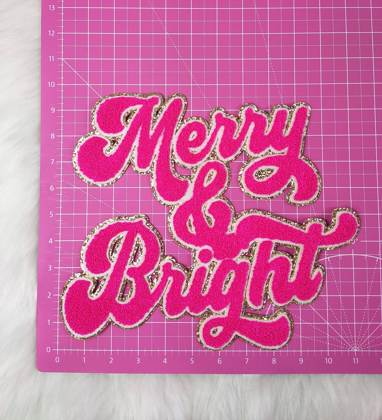 Merry and Bright Chenille Sparkle Glitter Iron On Patch: Hot pink
