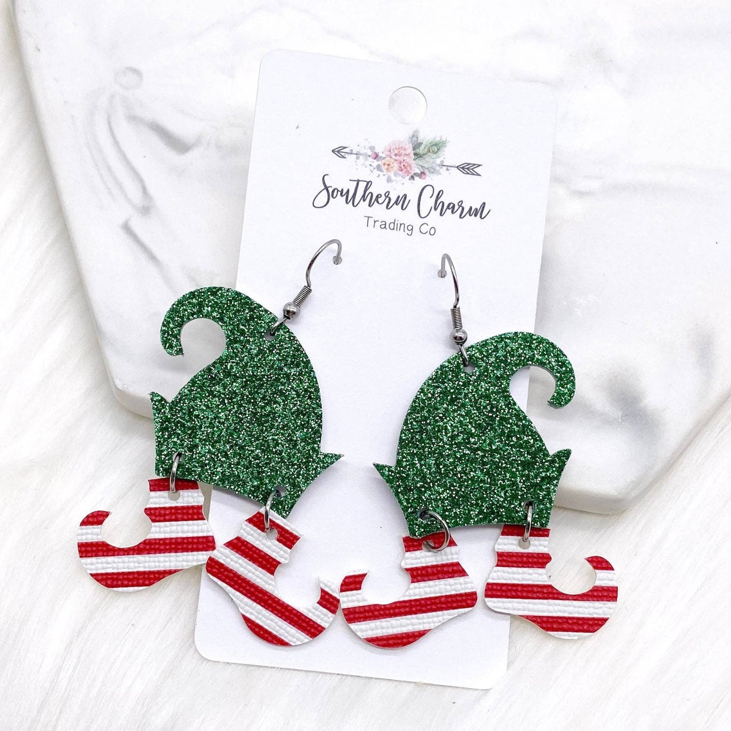 Green Glitter Christmas Elf Earrings