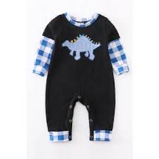 Blue Checkered Dinosaur Romper