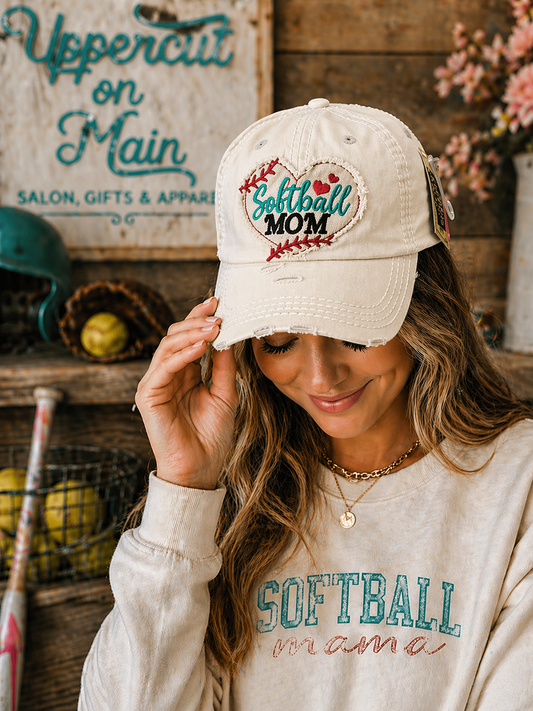 Distressed CREAM SOFTBALL MOM HAT