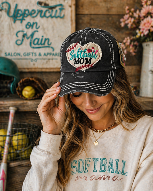 Distressed BLACK SOFTBALL MOM HAT