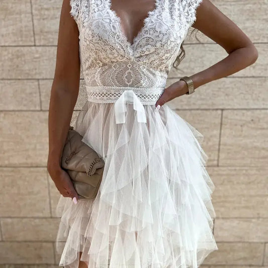 V-Neck Lace Sleeveless Party Dress