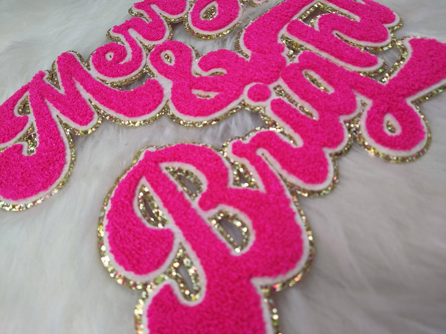 Merry  and Bright Chenille Sparkle Glitter Iron On Patch: Hot pink