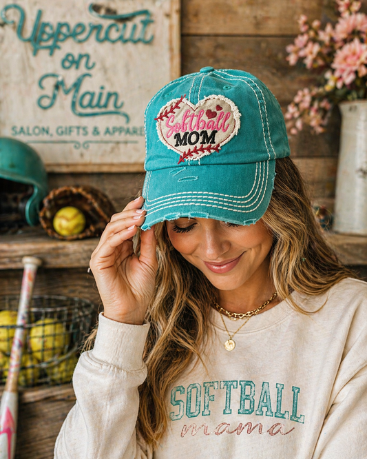 Distressed TEAL SOFTBALL MOM HAT