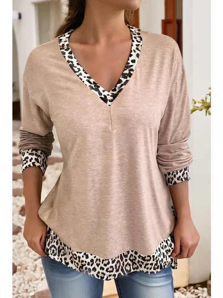 Leopard Patchwork V Neck Top