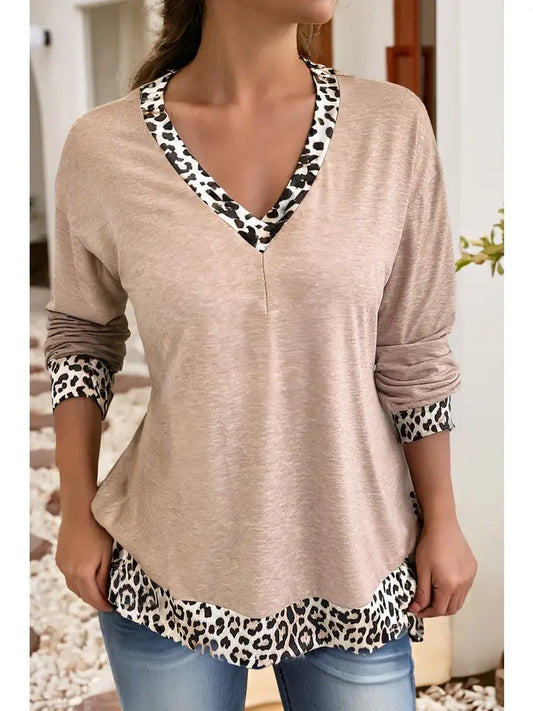 Leopard Patchwork V Neck Top