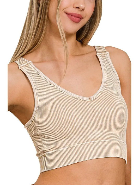 ZEANNA Ribbed Washed V-Neck Tank Top