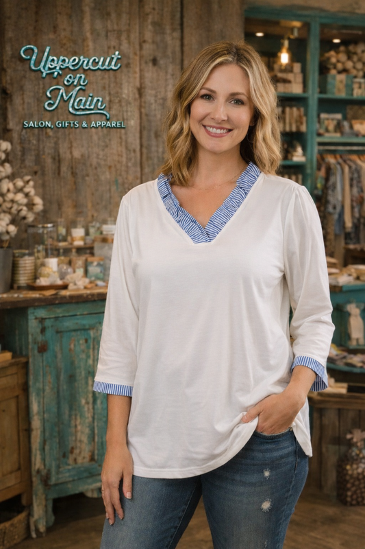 White/ Blue Striped Three Quarter Shirt