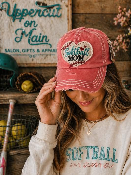 Distressed RED SOFTBALL MOM HAT