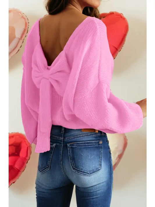 Pink Bow Backless Bubble Sleeve Sweater