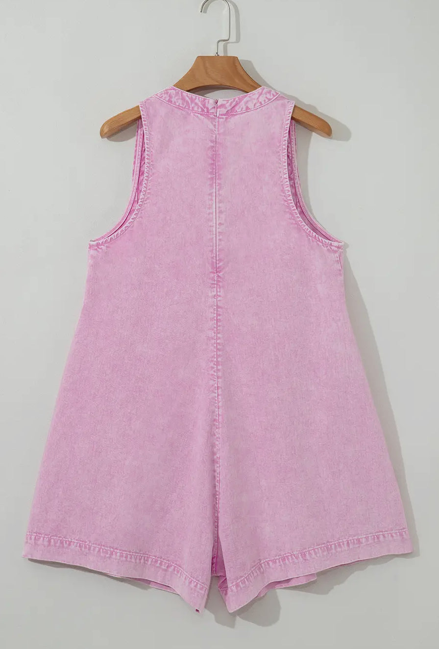 Pink V-Neck Denim Romper