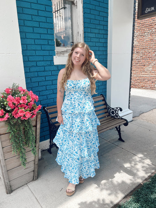 Blue Floral Ruffle Dress