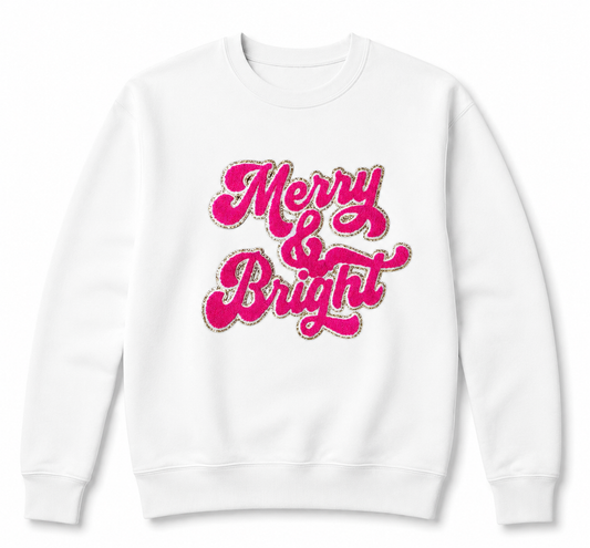 Merry and Bright Chenille Sparkle Glitter Iron On Patch: Hot pink