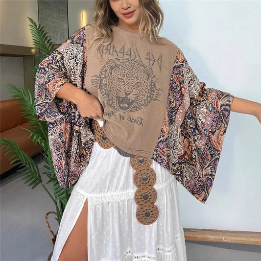 Band Printed Batwing Sleeve Tops