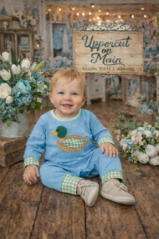 HONEYDEW Blue Applique Duck Romper