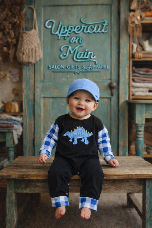 Blue Checkered Dinosaur Romper