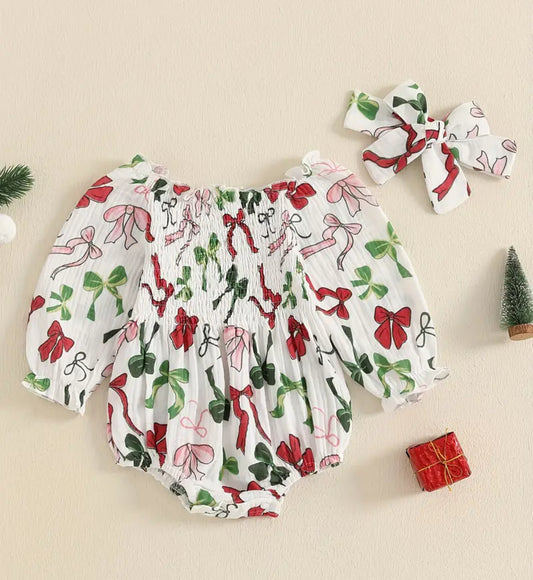 Christmas Bow Infant Bubble Outfit