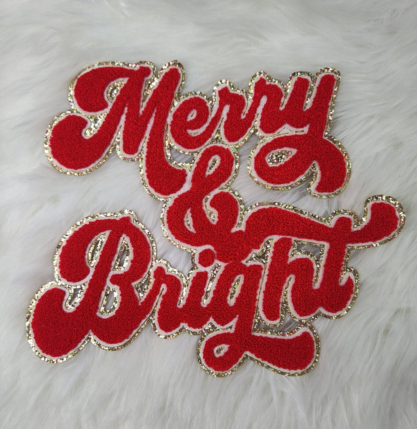 Merry  and Bright Chenille Sparkle Glitter Iron On Patch: Hot pink