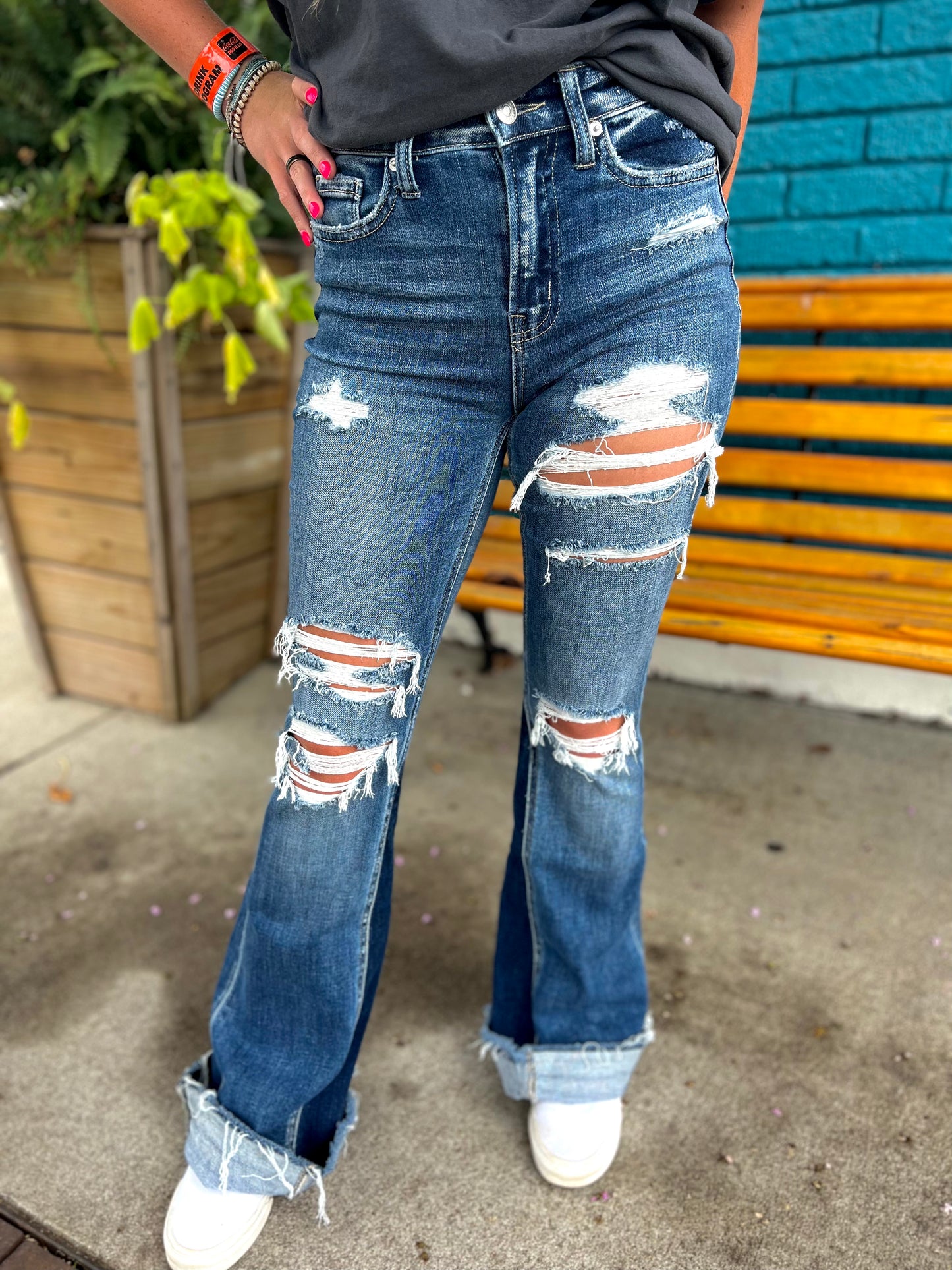 High Rise Distressed Panel Flare Jeans