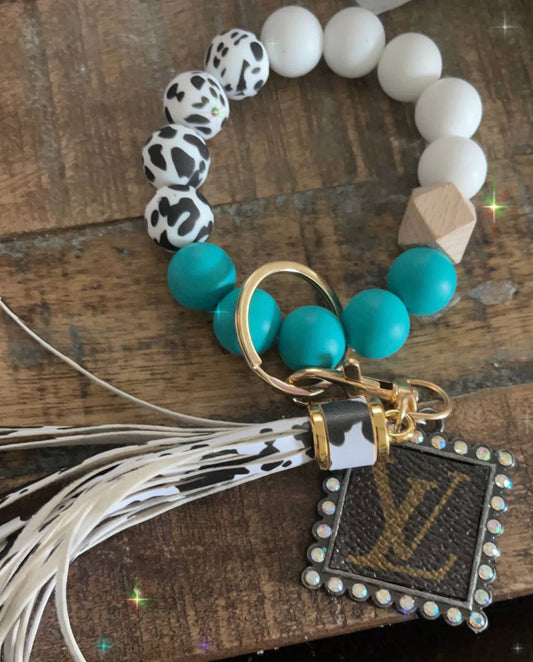 Cow print bangle keychain with Upcycled charm