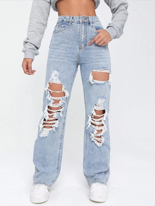 Ripped Straight Leg Jeans (Light Washed)