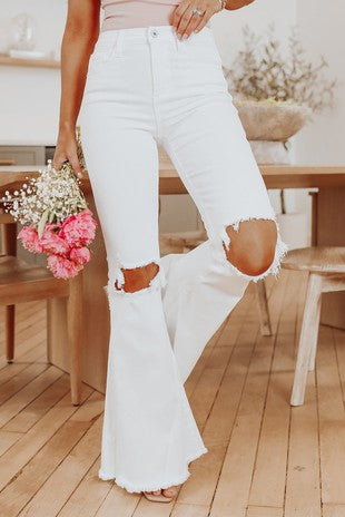 White Distressed Flared Jeans