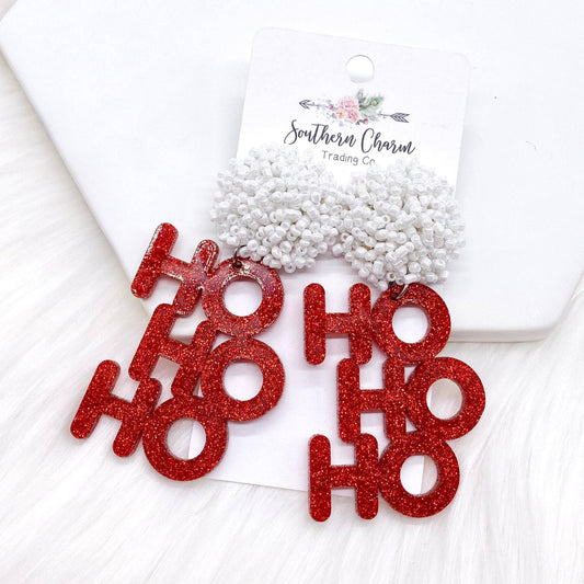 3" Christmas White Seed Bead Pom & Red Glitter HoHoHo Dangle