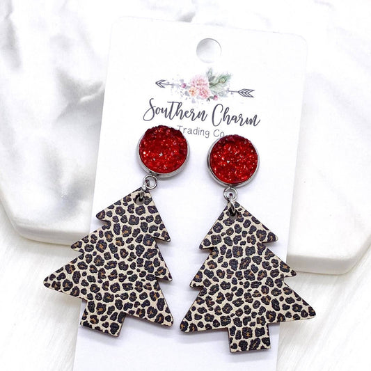 2" Red Sparkles & Leopard Acrylic Christmas Tree Dangles