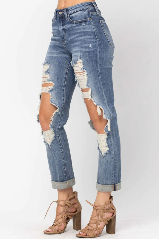 JUDY BLUE High Waist Vintage Straight Ripped Jeans