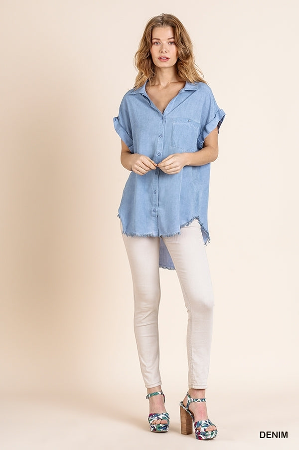 Denim Button Up with Frayed Hemline