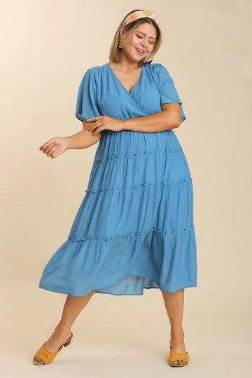 Smocked Short Sleeve V-Neck Maxi Dress