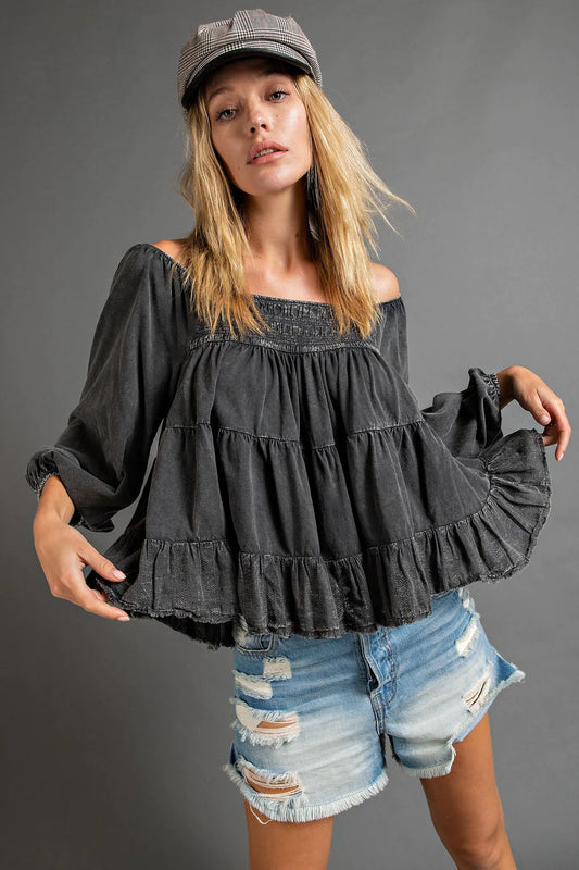 Black Mineral Wash Ruffle Top