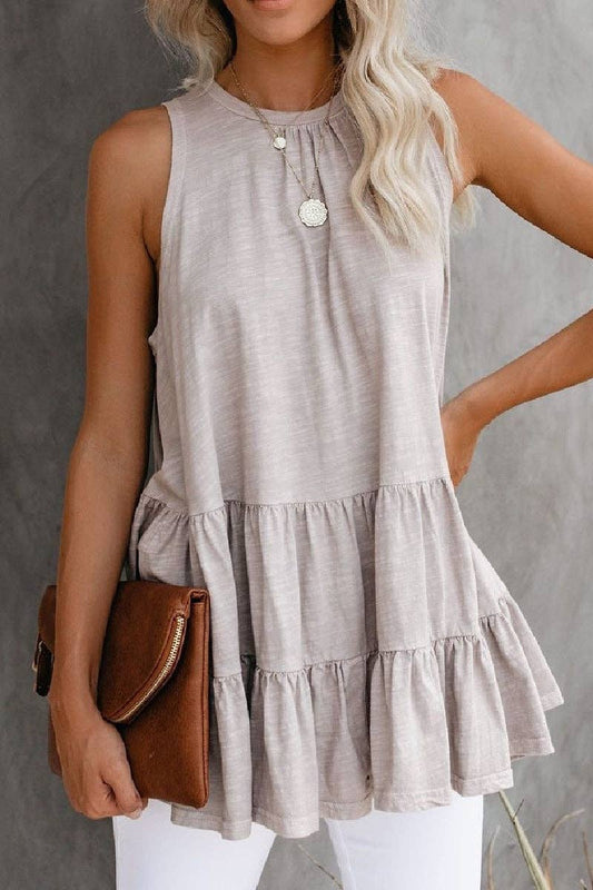 Beige Round Neck Ruffled Top
